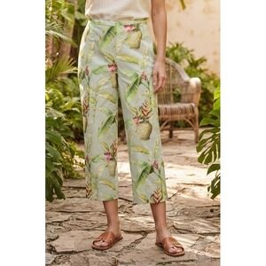 KulaKula Silk Tropical Floral Palm Cropped Wide Leg Pants Women's L Green Resort